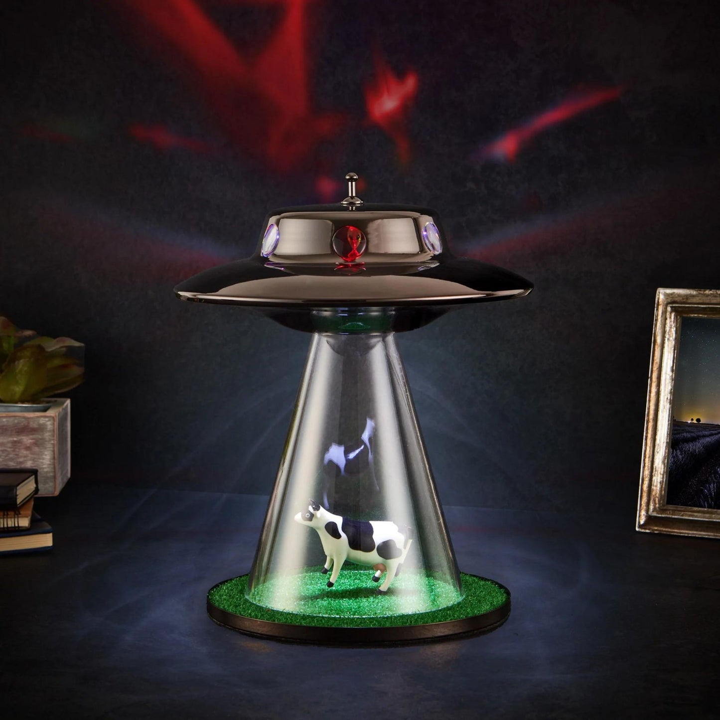Blue LED - Original UFO Cow Lamp & amazon alien abduction table desk lamp with grass, cow and flying UFO saucer LED RGB night light
